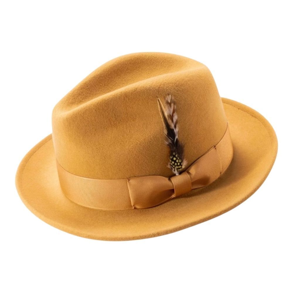 MONTIQUE MENS GOLD LIGHT FELT 2 1/2" WIDE BRIM PINCH FEDORA HAT. H60